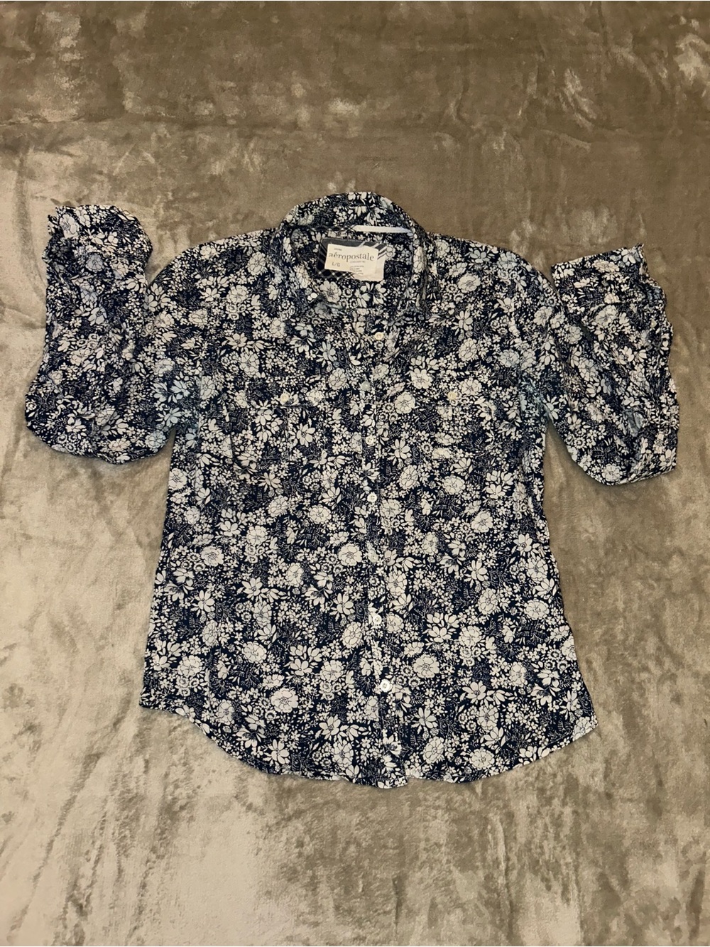 Aeropostale Navy and White Floral Button-Up Shirt L